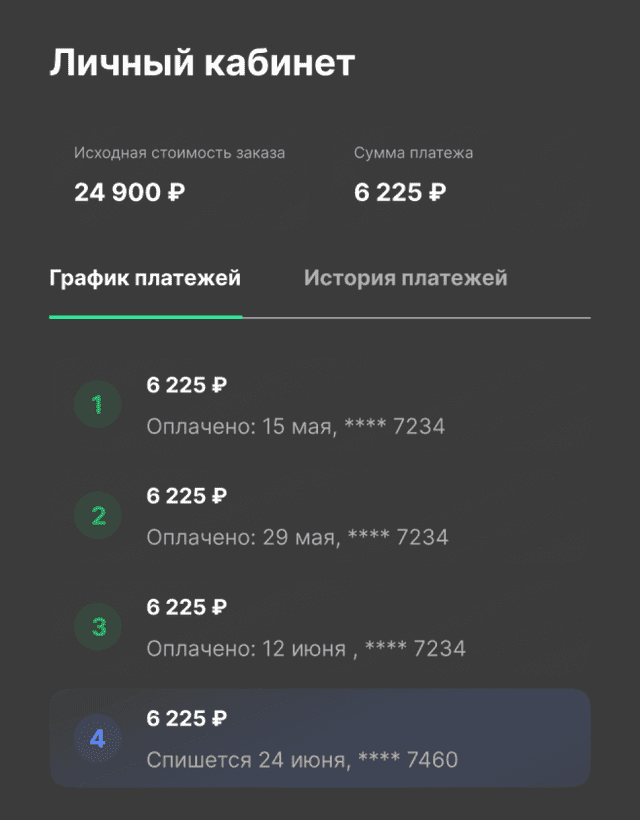 Оставшиеся 75% спишутся автоматически &mdash; по 25% каждые 2 недели